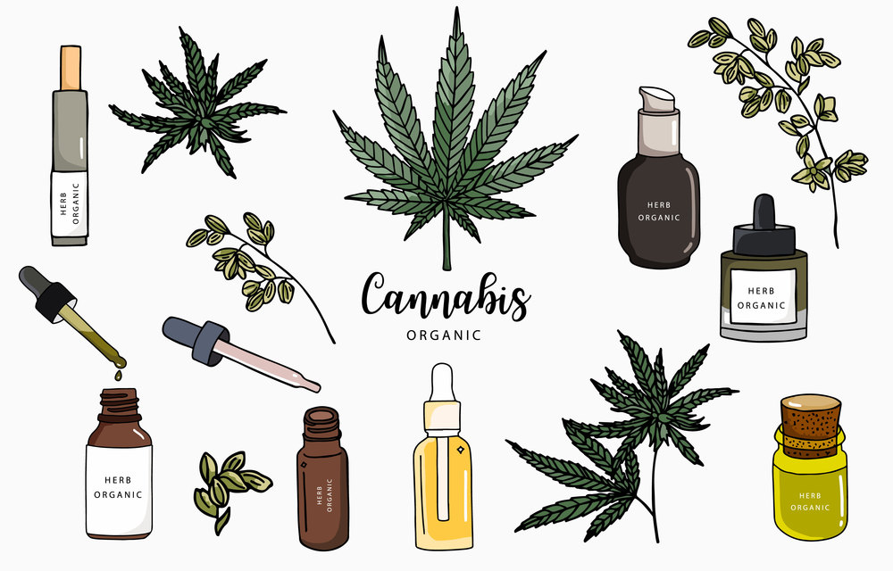 cannabis collection with bottle,oil,product.Vector illustration for icon,sticker,printable