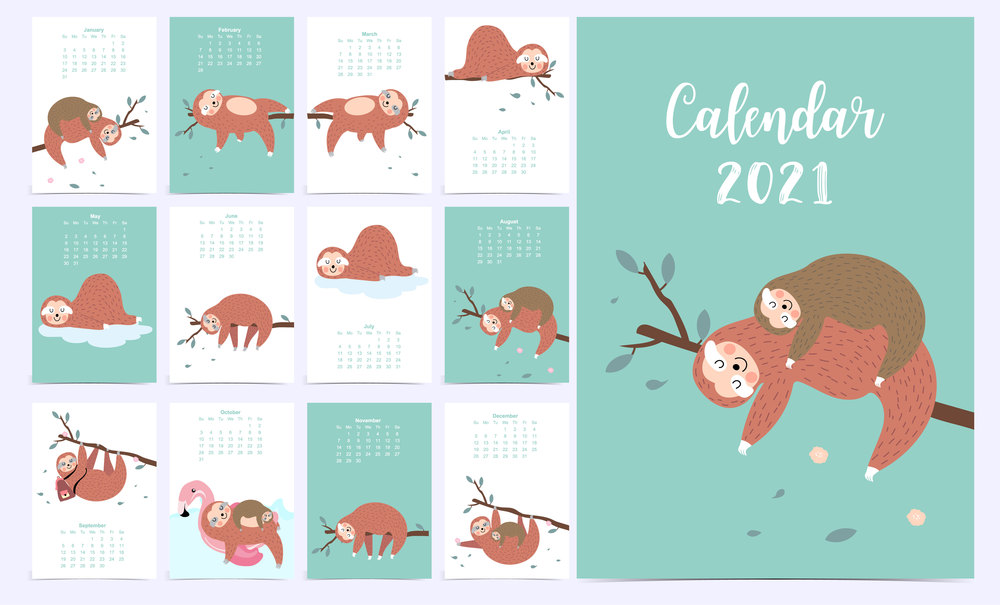Cute animal calendar 2021 with sloth.Can be used for printable graphic
