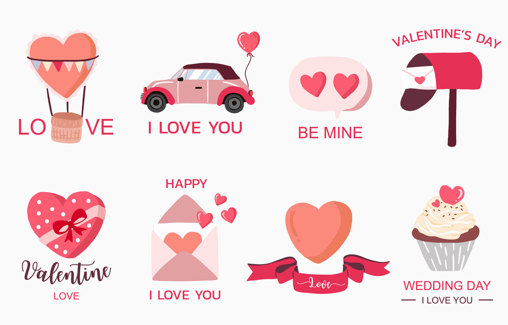 Cute object valentine collection with heart, cake,balloon.Vector illustration for icon,sticker,printable