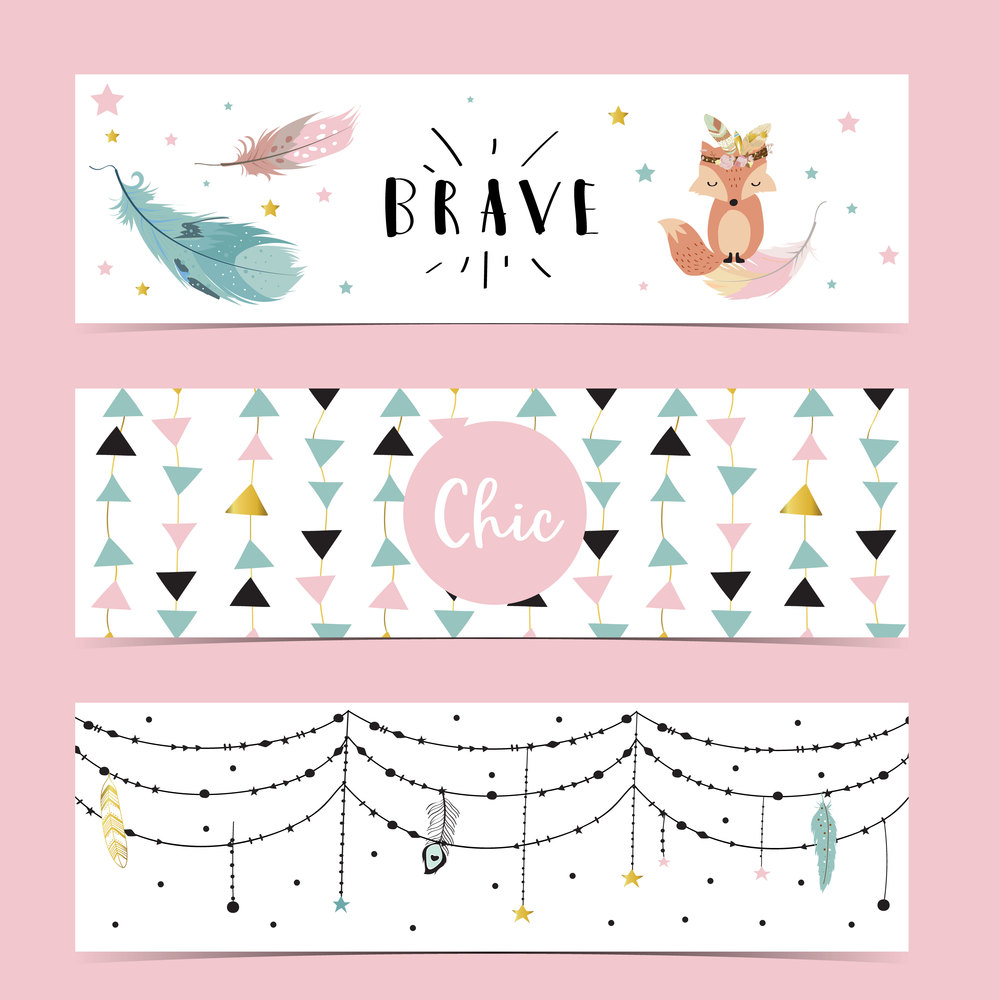 Set of cute boho with feather, flower,leaves,fox.Vector illustration for baby invitation, kid birthday invitation,banner and postcard