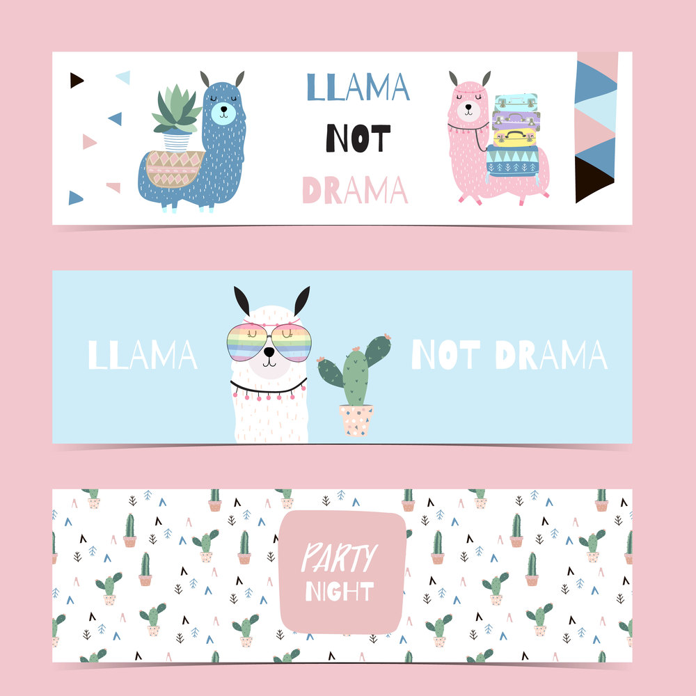 Set of cute banner with llama and cactus.Vector illustration for baby invitation, kid birthday invitation,banner and postcard