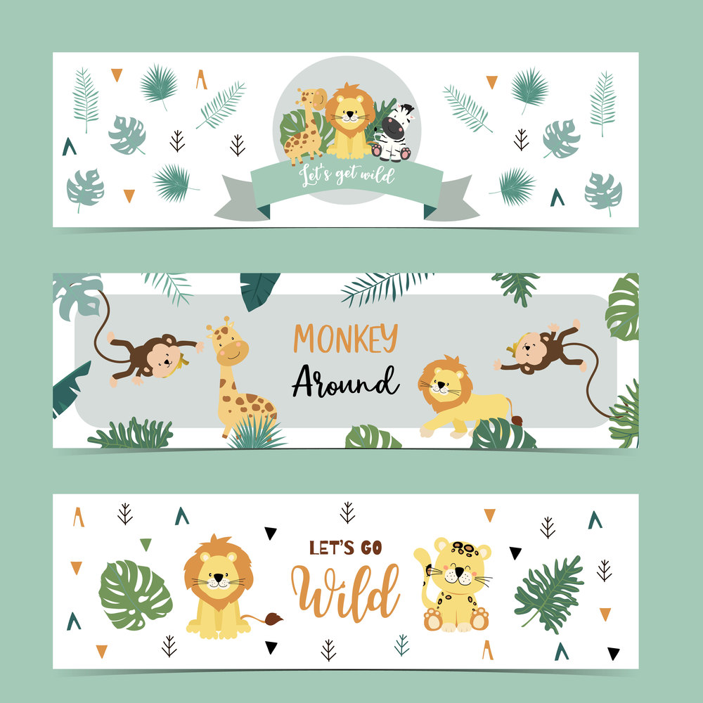 Set of cute safari with giraffe, zebra,monkey.Vector illustration for baby invitation, kid birthday invitation,banner and postcard