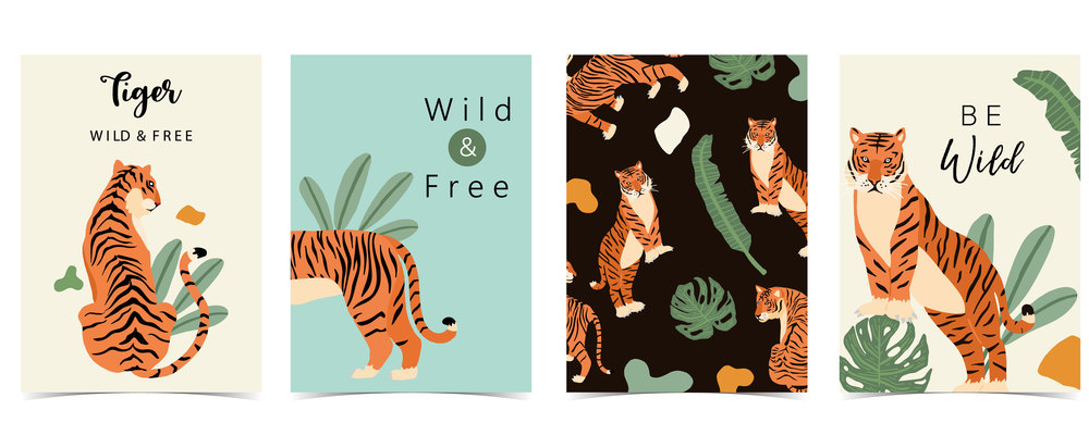 animal background collection with tiger, leaf,jungle. illustration for banner,postcard,invitation