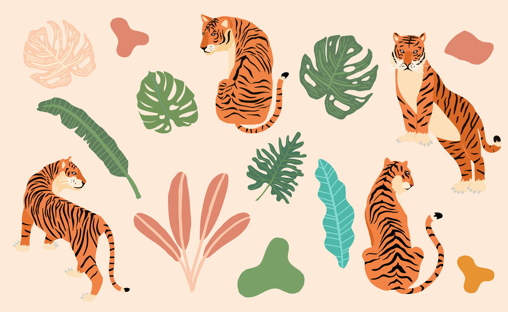 animal object collection with tiger, leaf,jungle. illustration for icon,sticker,printable