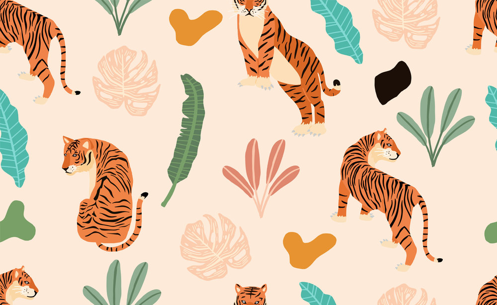 Safari background with tiger,palm,leaf.Vector illustration seamless pattern for background,wallpaper,frabic.Editable element