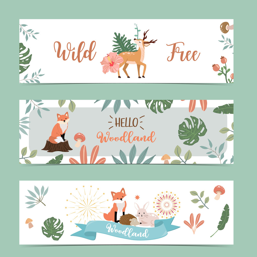 Set of cute woodland with deer,fox,mushroom.Vector illustration for baby invitation, kid birthday invitation,banner and postcard