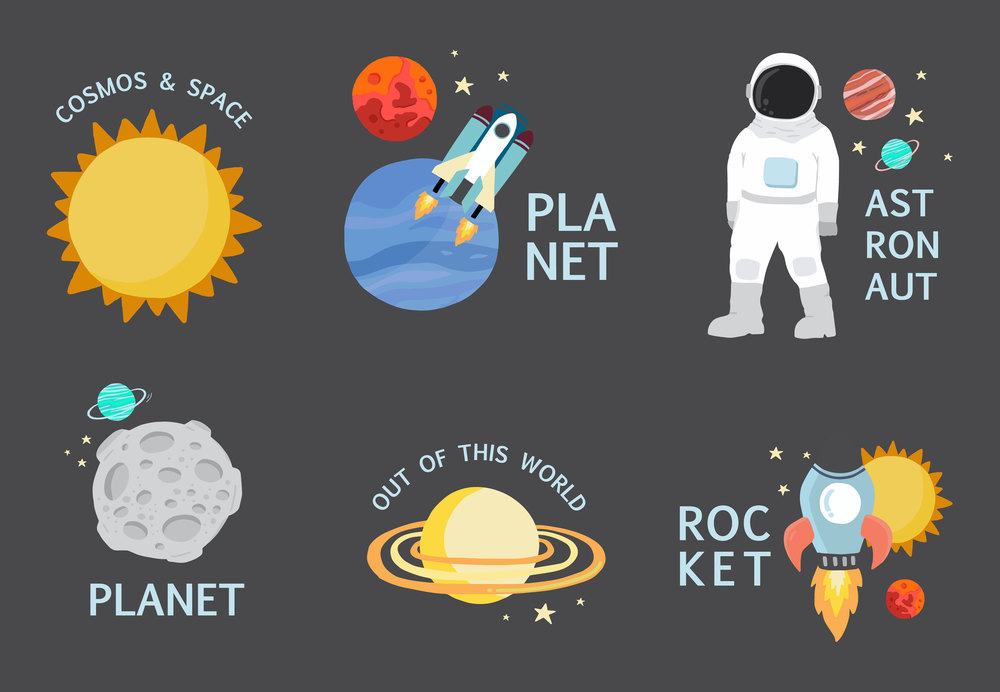 Collection of space object set with astronaut, sun, moon, star,rocket.Editable vector illustration for website, invitation ,postcard and sticker