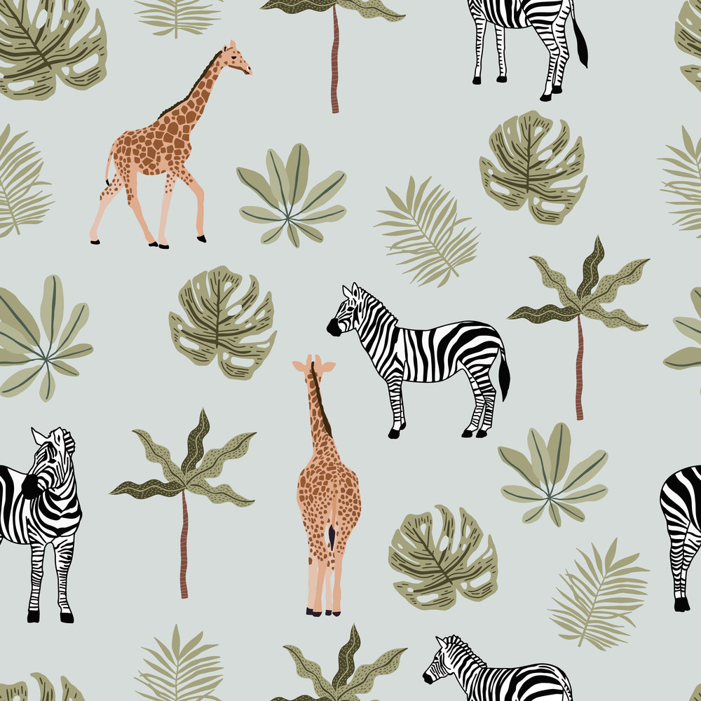 Safari background with giraffe,zebra,leaf.Vector illustration seamless pattern for background,wallpaper,frabic.Editable element