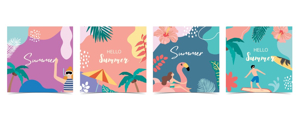 Collection of summer background set with palm,coconut tree,sea,beach.Hello summer