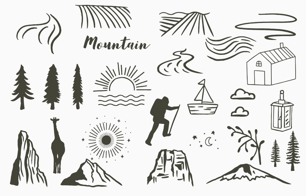 Black line natural with mountain,river,tree,sun,man,giraffe