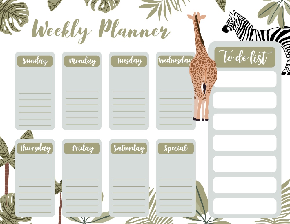 Weekly planner start on Sunday with safari,to do list that use for horizontal digital and printable A4 A5 size