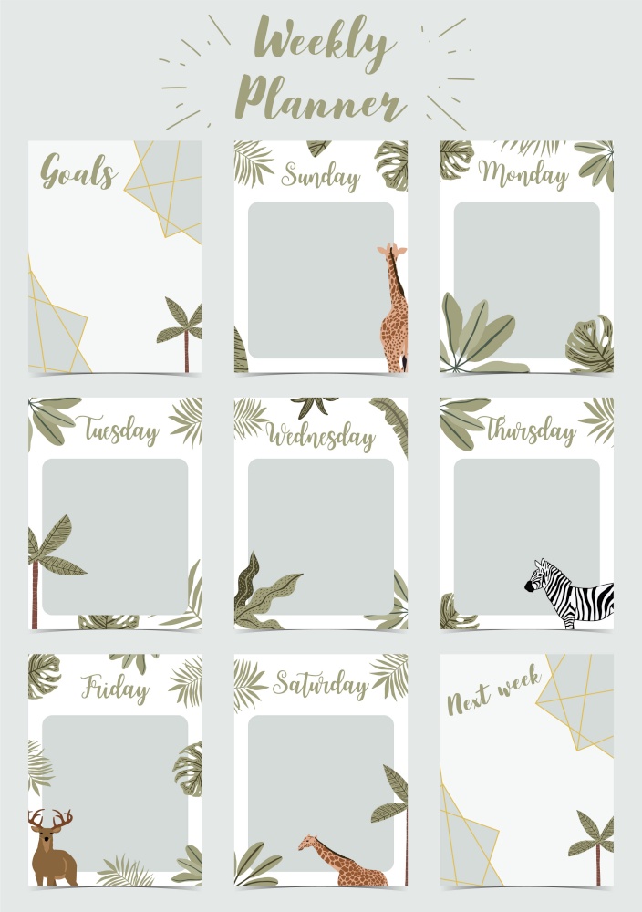 Weekly planner start on Sunday with safari,to do list that use for vertical digital and printable A4 A5 size