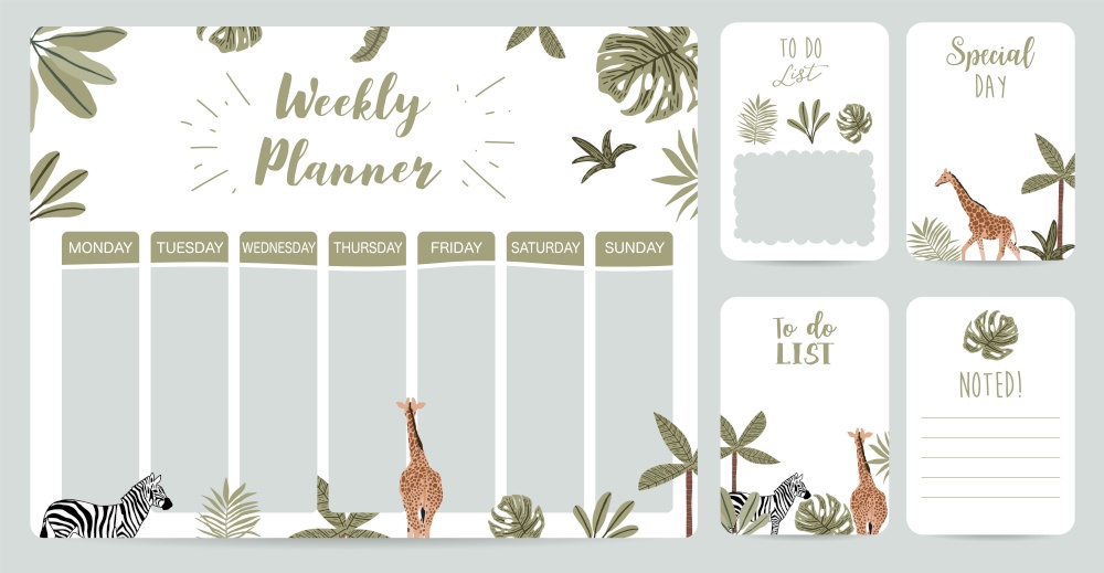 Weekly planner start on Sunday with safari,to do list that use for herizontal digital and printable A4 A5 size