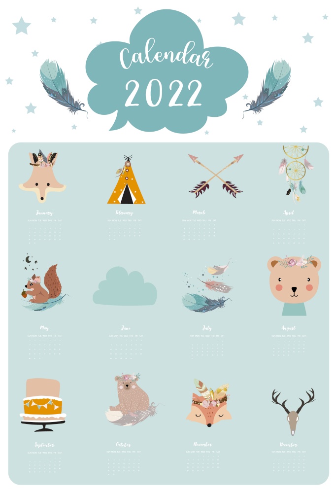 2022 table calendar week start on Sunday with feather that use for vertical digital and printable A4 A5 size