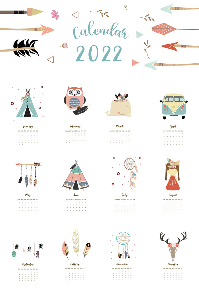2022 table calendar week start on Sunday with boho feather that use for vertical digital and printable A4 A5 size