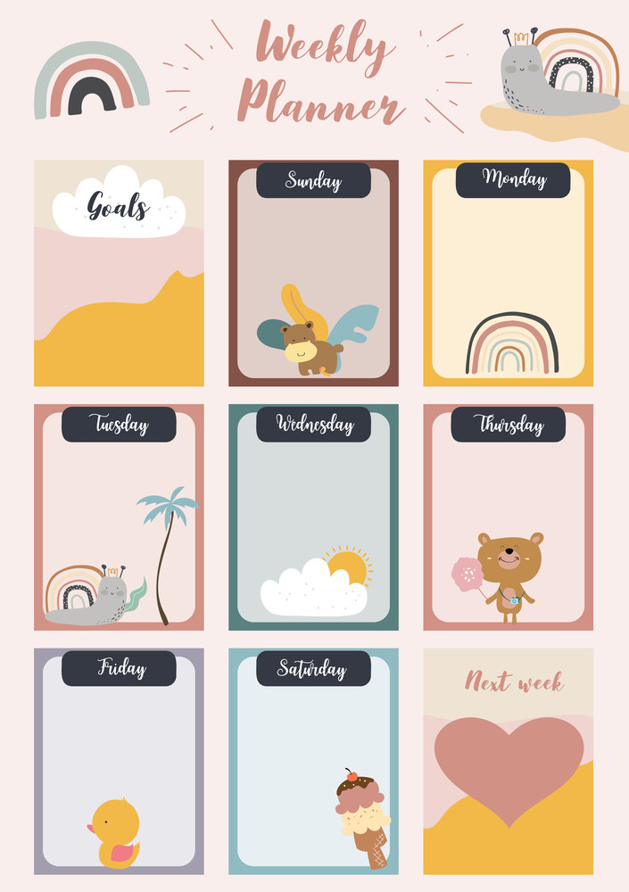 Weekly planner start on Sunday with animal and sun,to do list that use for vertical digital and printable A4 A5 size