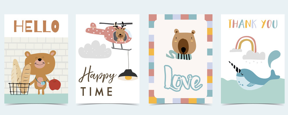 Collection of kid postcard set with rainbow,bear, narwhal.Editable vector illustration for website, invitation,postcard and sticker