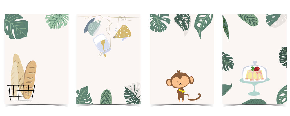 Collection of kid postcard set with leaf,monkey, cake.Editable vector illustration for website, invitation,postcard and sticker