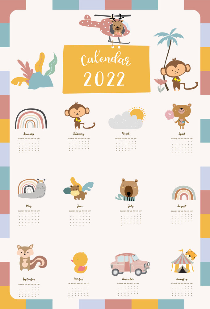2022 table calendar week start on Sunday with animal and rainbow that use for vertical digital and printable A4 A5 size