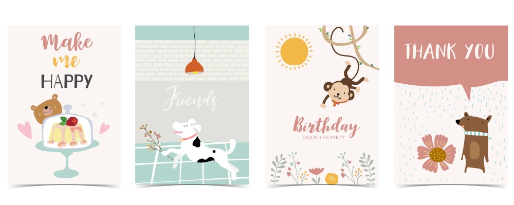 Collection of kid postcard set with monkey,bear, sun.Editable vector illustration for website, invitation,postcard and sticker