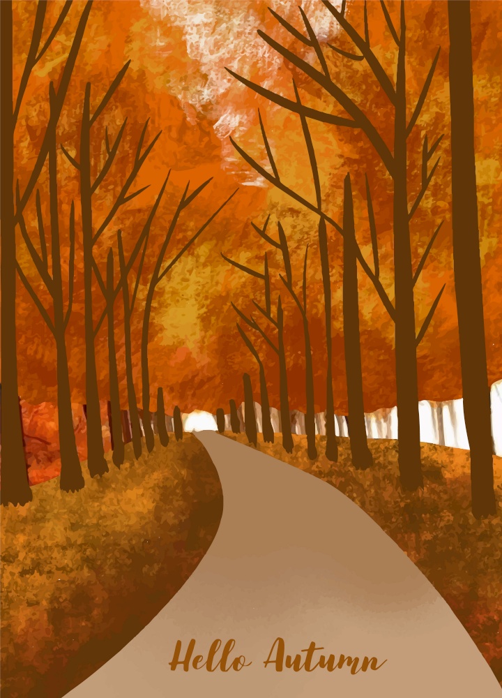 autumn forest background with tree,leaves,sky,road