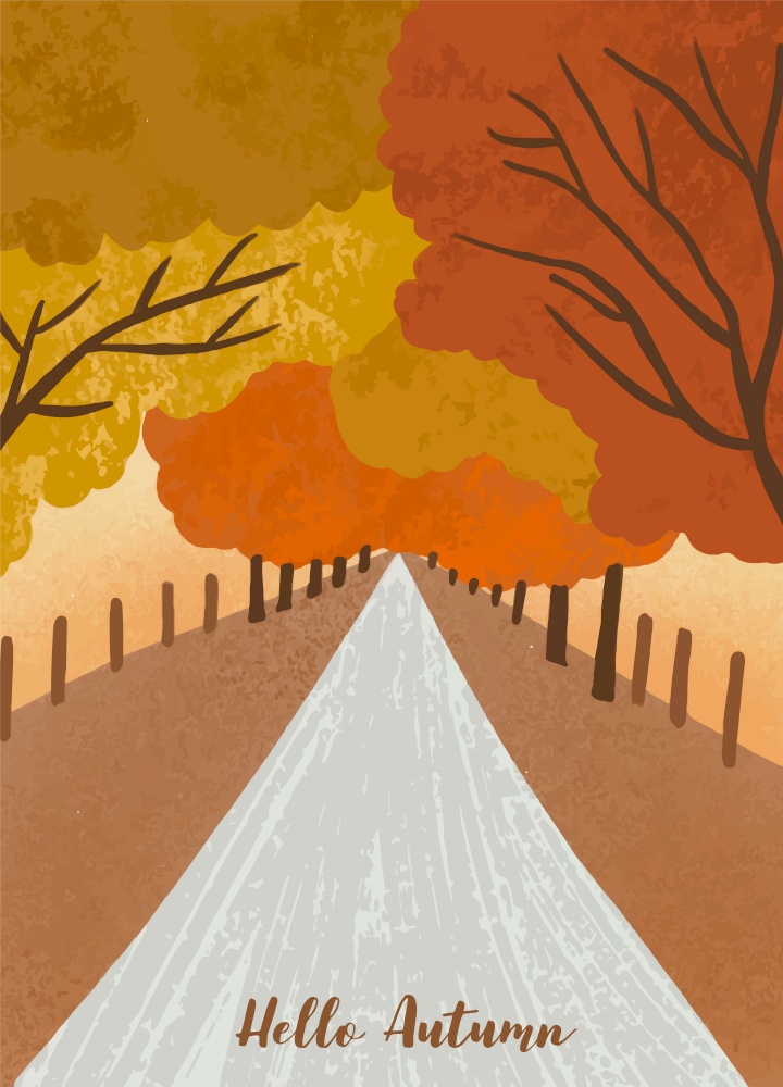 autumn forest background with tree,leaves,sky,road