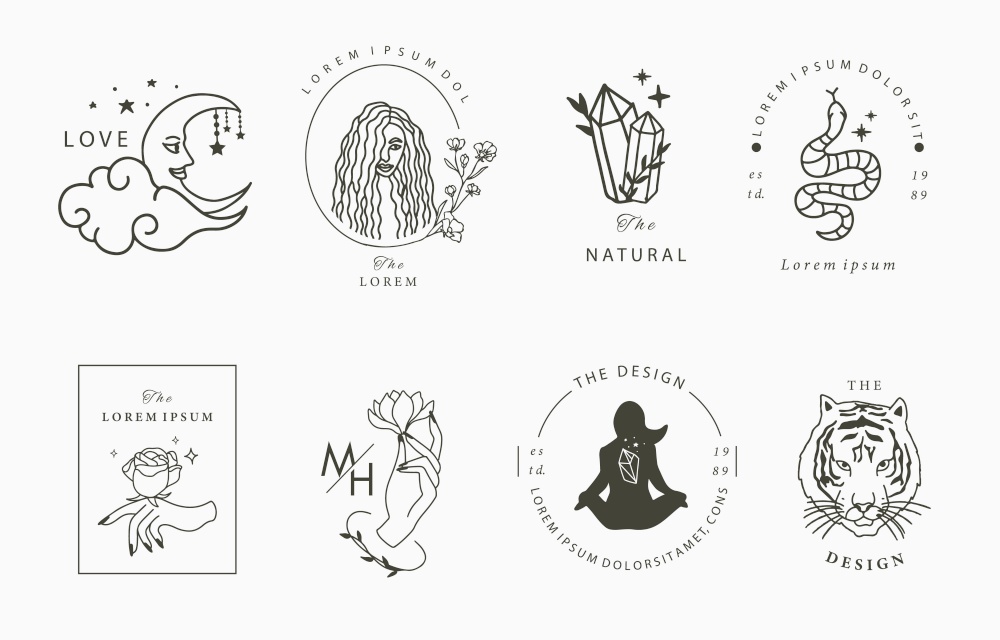 Collection of line design with woman,crystal,moon.Editable vector illustration for website, sticker, tattoo,icon