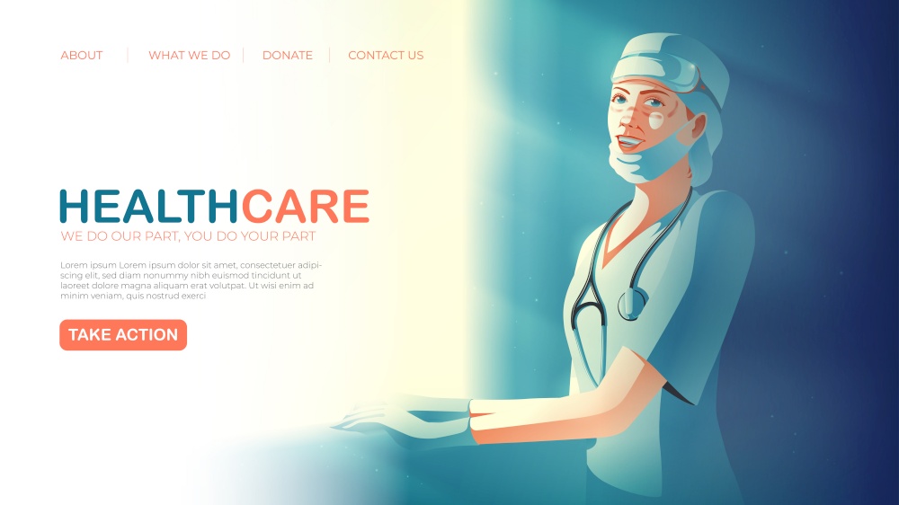 landing page template in vector illustration of healthcare service featuring the smiling tireless healthcare worker taking rest aside from the window