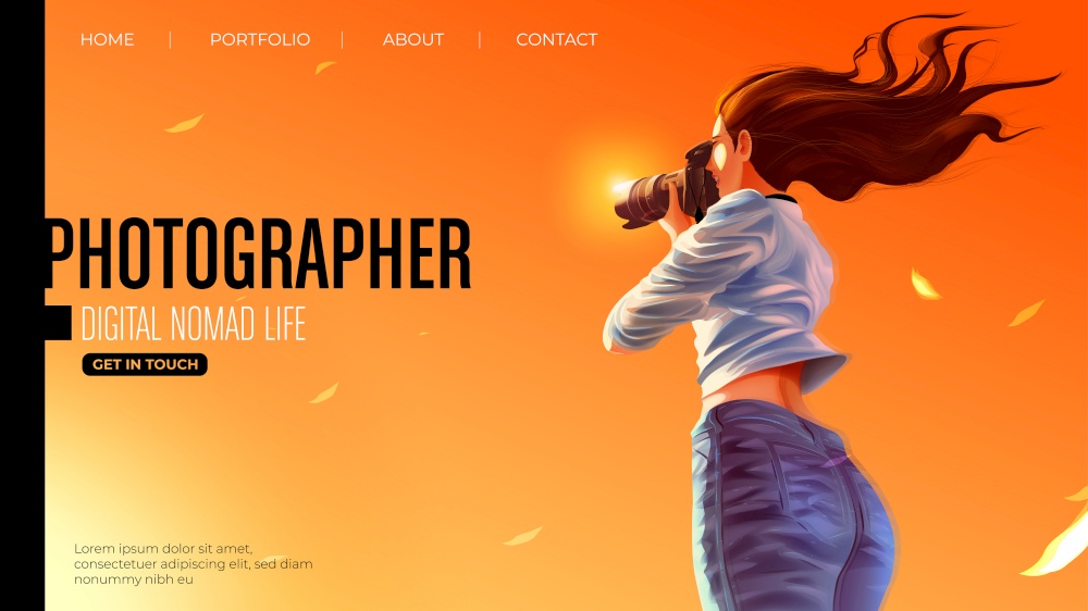 Template design for landing page in vector illustration of the lady photographer is smiling and taking a photo of the beautiful sunset