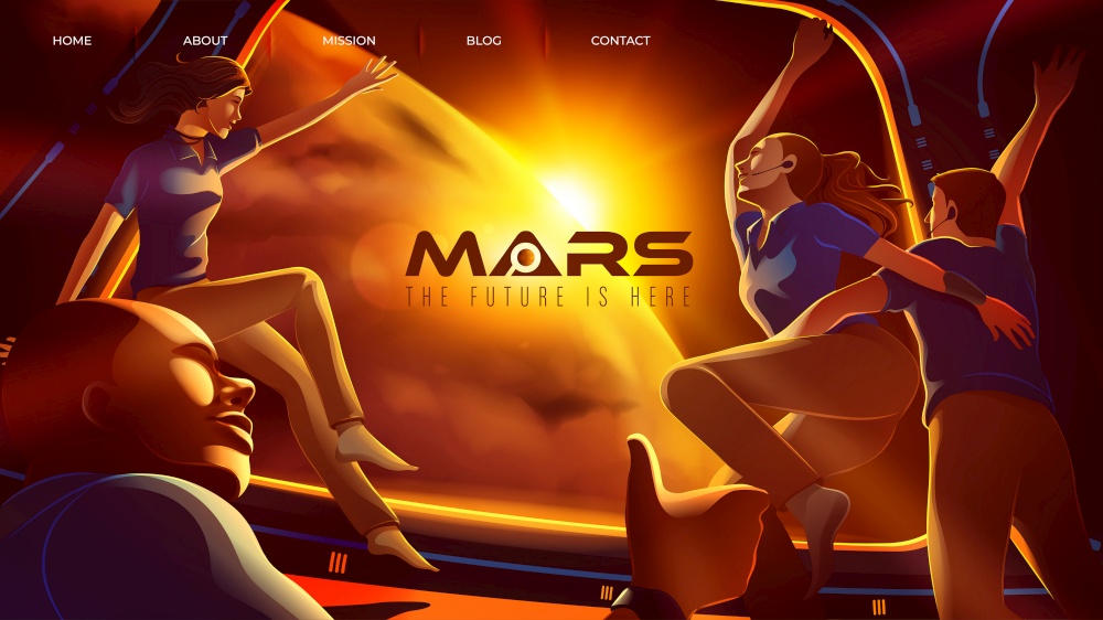 Vector illustration featuring the expedition of 4 space astronauts congratulate together inside the spaceship for arriving the mars