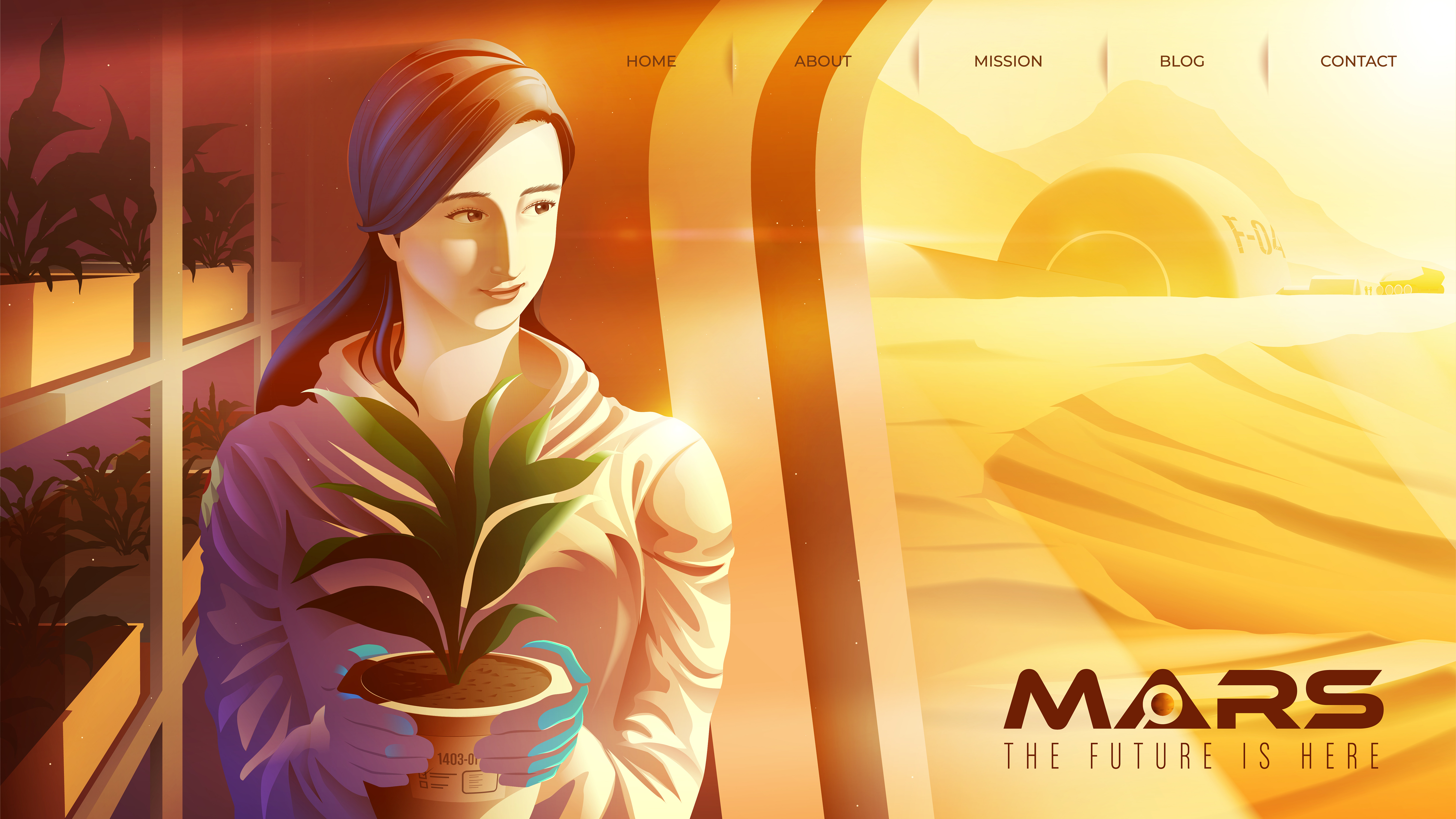 Vector illustration featuring a female Asian scientist is smiling and working in the plantation center on mars