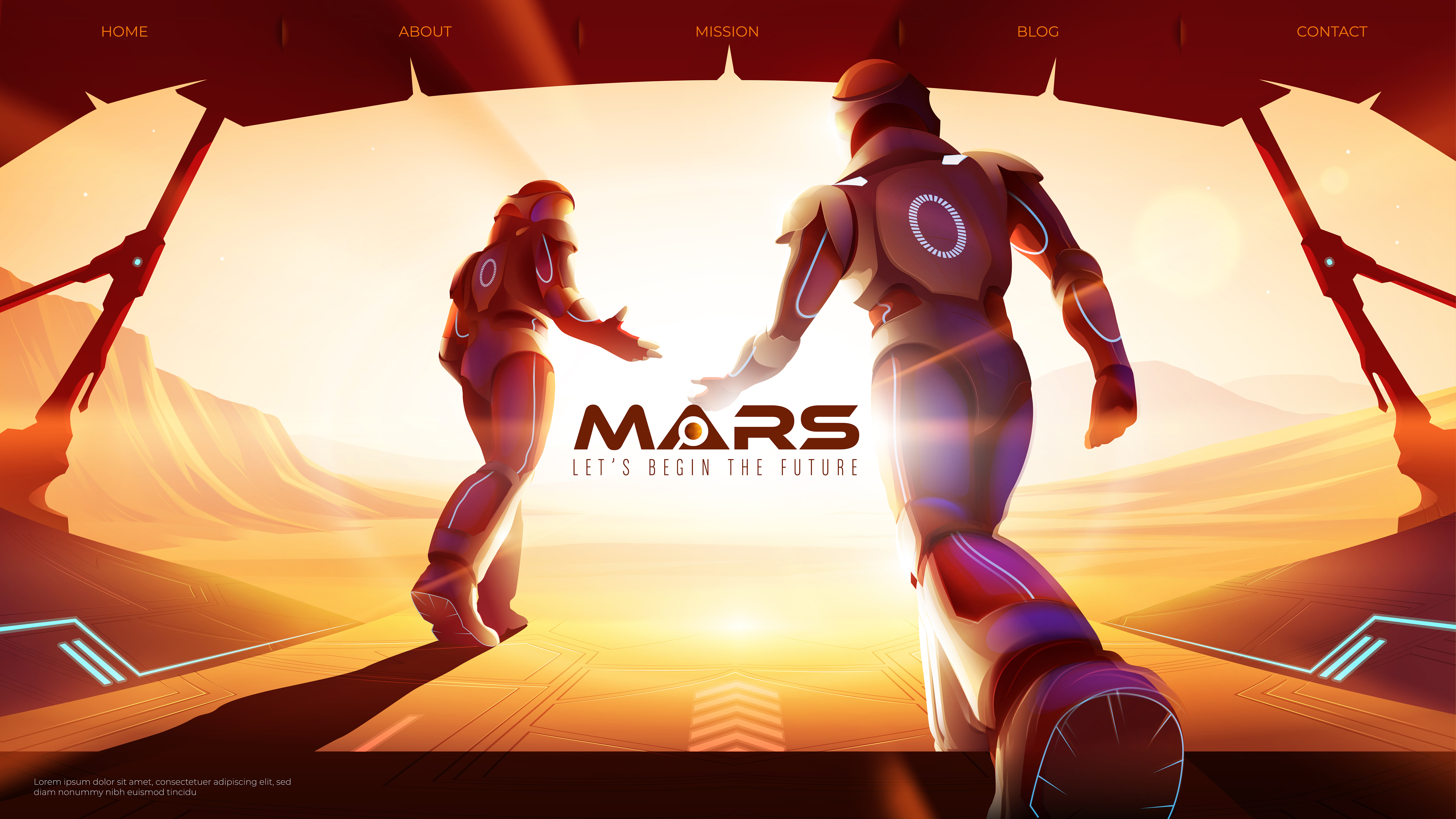 Vector illustration of two astronauts are walking out from the spaceship to the outside on Mars, ready for the greatest exploration
