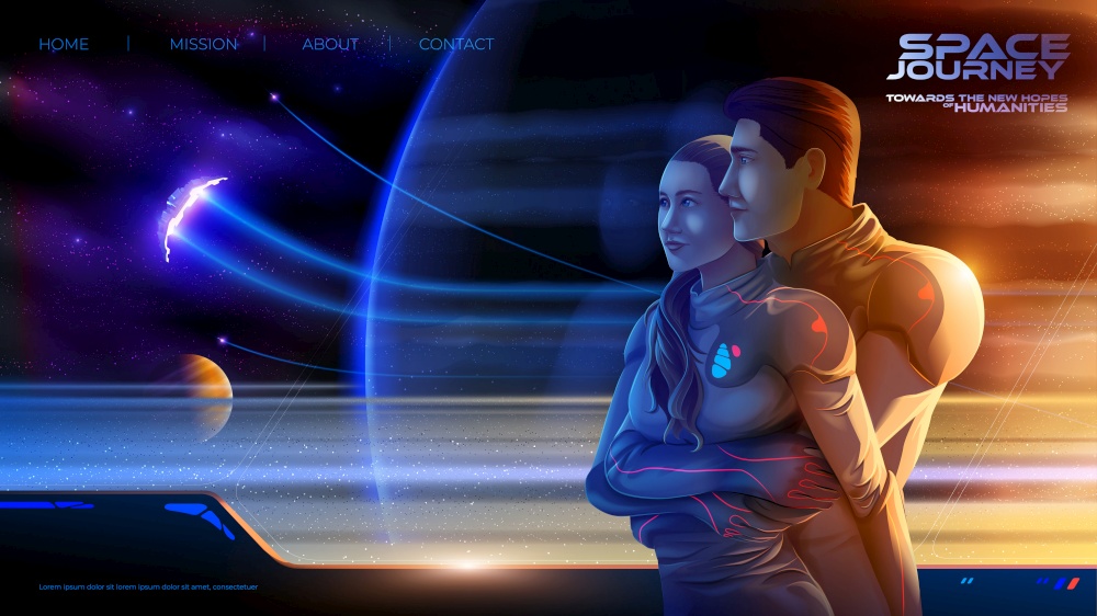 futuristic vector illustration of the embracing couple inside the colony spaceship on the long journey to the new world