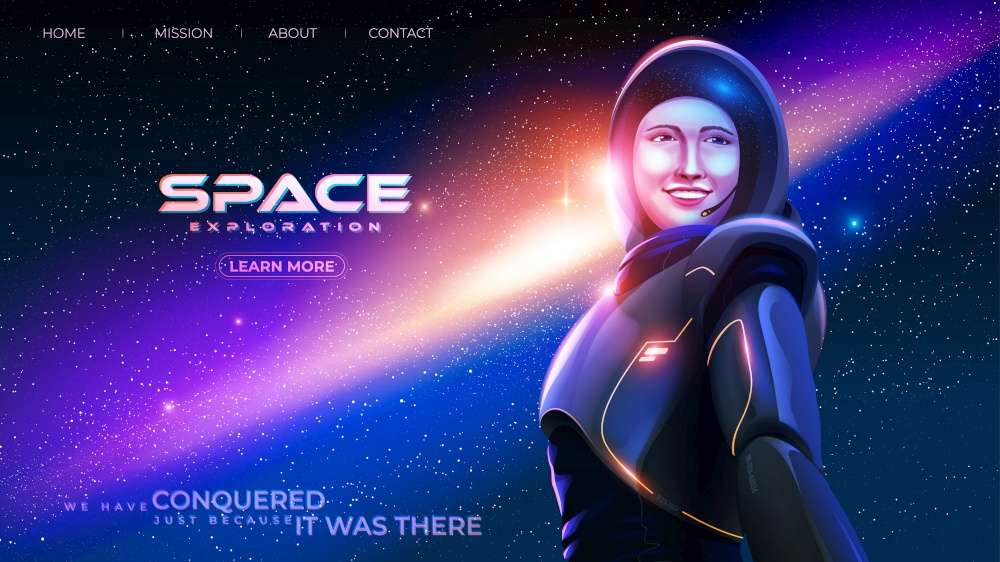vector illustration for a landing page template of the lady astronaut in a spacesuit is smiling with happiness with the background of the massive universe