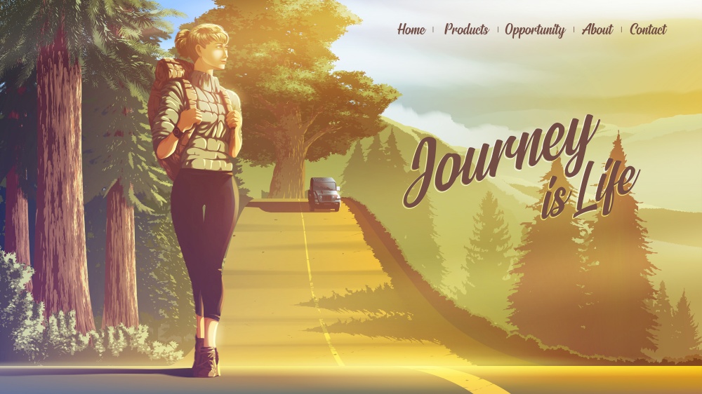 vector illustration for a landing page of the female backpacker is traveling alone and walking on the road