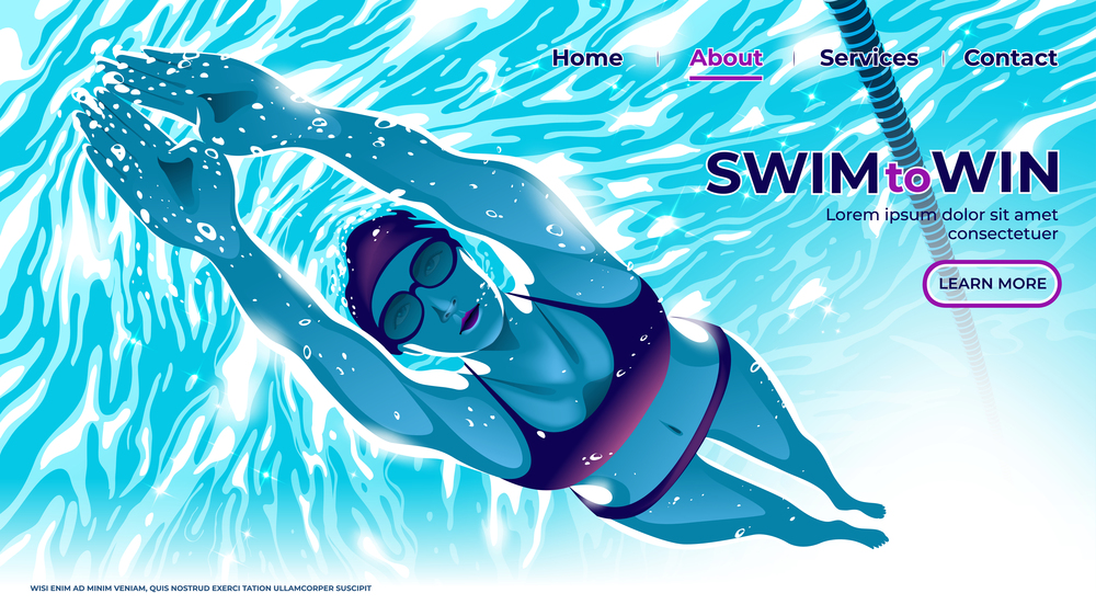 A vector illustration for UI or landing page of the female swimming athlete is diving underwater in the swimming pool with the determination eyes