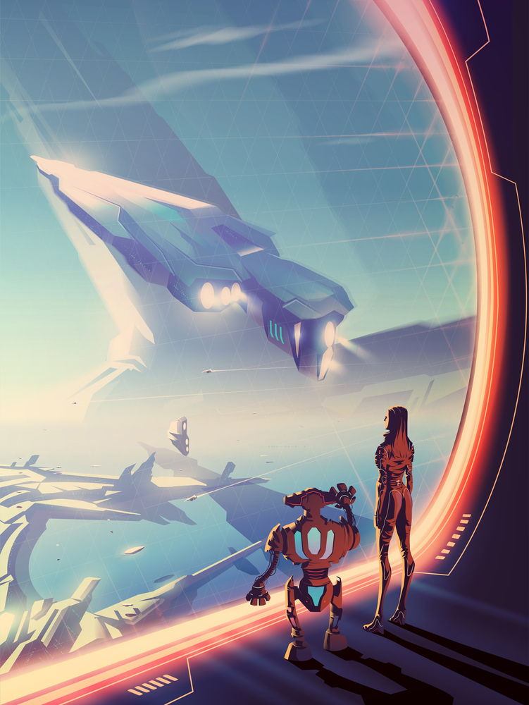 A futuristic vector illustration of a woman and robot looking outside the window that has the massive starship is flying up and the urban scenery on another planet.