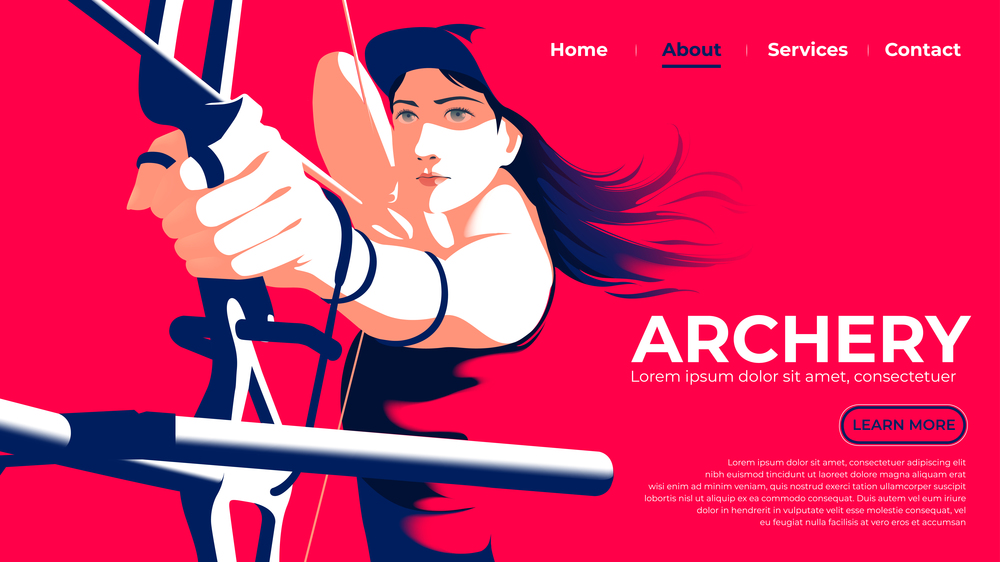 Vector illustration for UI or a landing page of the female archer is pulling the bow and ready to shoot with determination eyes.