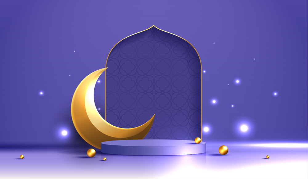 Islam theme product or cosmetic display purple background. mosque portal frame with podium and blank space. studio stage with golden crescent moon. vector design.