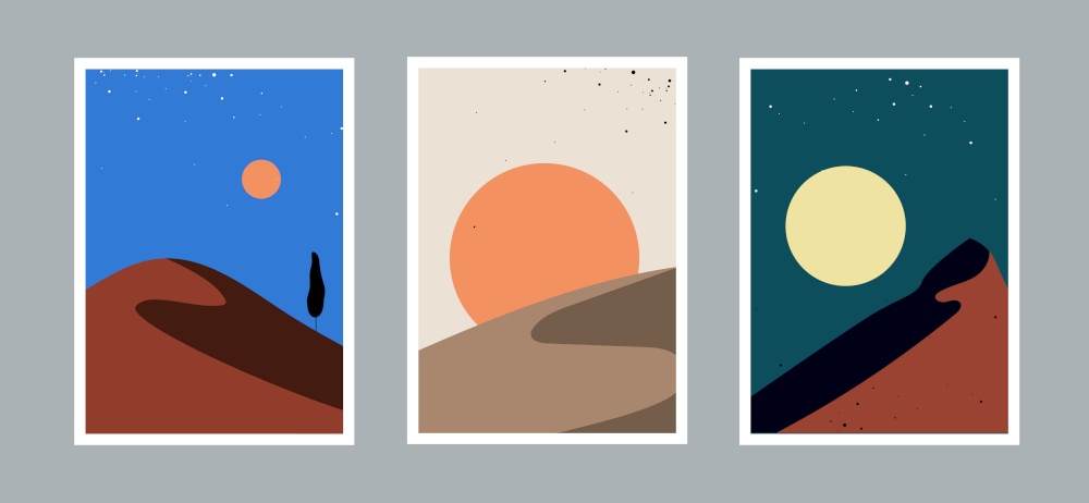Set of modern minimal abstract landscapes aesthetic. bohemian style wall decor. sun and mountains for wall decoration, postcard, banner or brochure cover. Vector design.