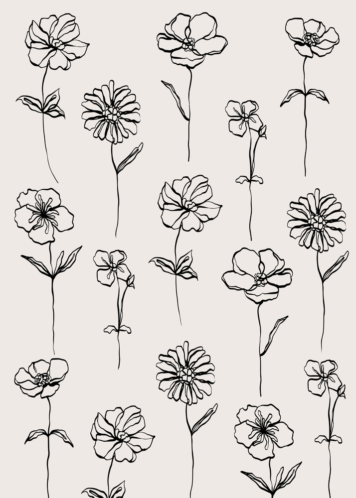 Flowers pattern line modern minimal background for wall decoration, postcard, banner or brochure cover. Vector design.