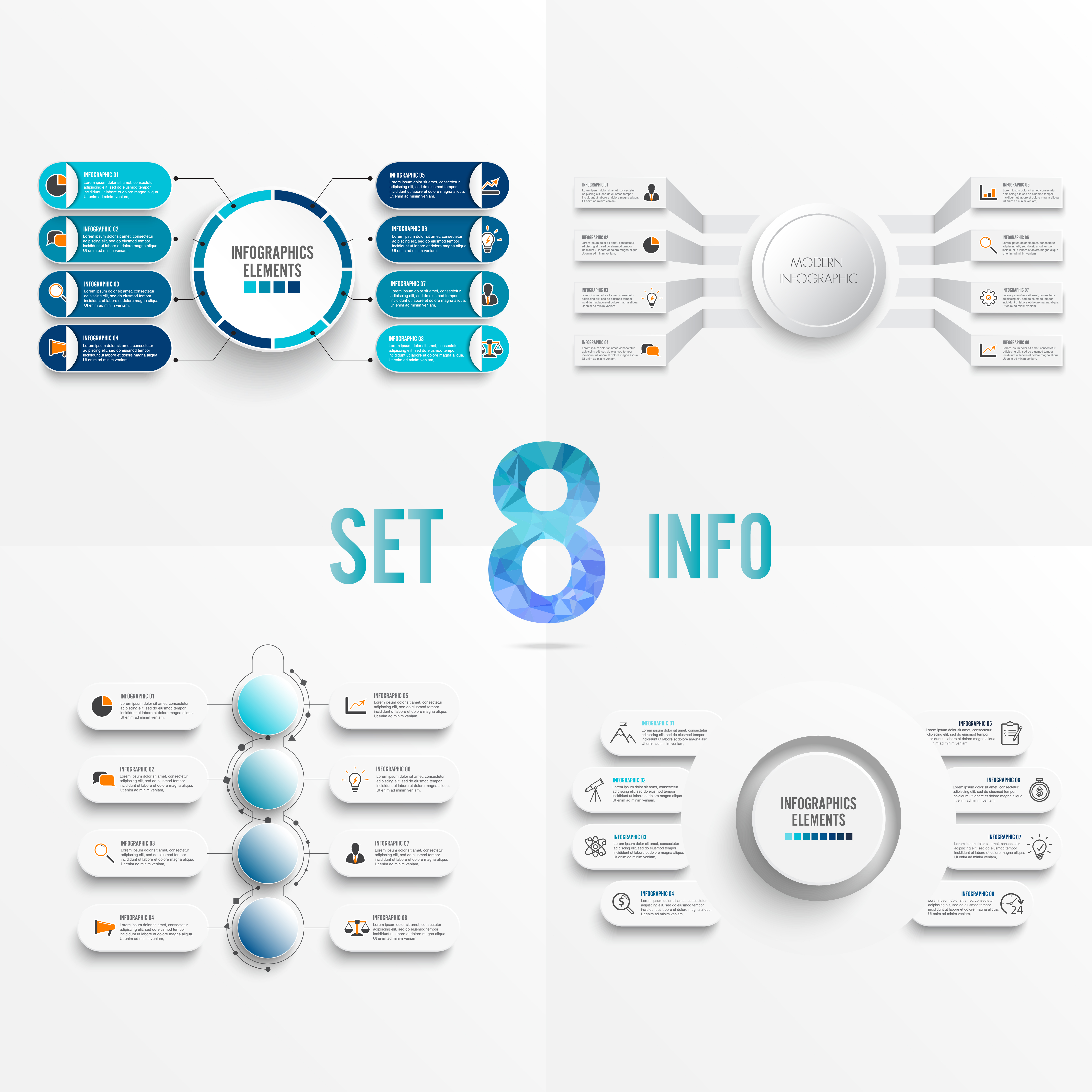 Set vector infographic template with 3D paper label, integrated circles. Business concept with 8 options. For content, diagram, flowchart, steps, parts, timeline infographics, workflow, chart.