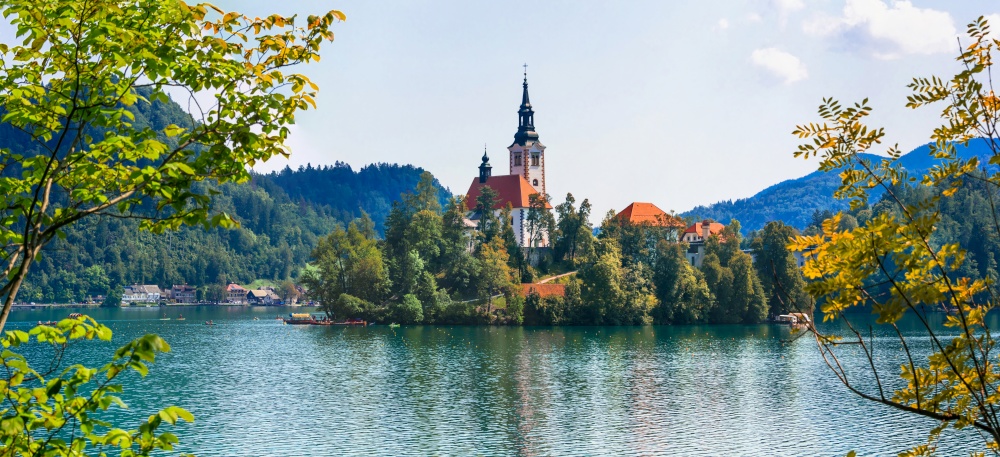 Idyllic nature scenery - beautiful magic lake Bled in Slovenia
