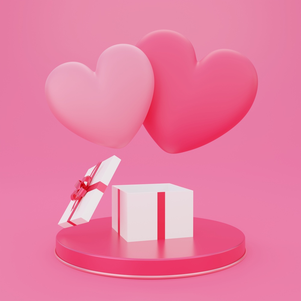 Valentine&rsquo;s day, love concept background, 3d opened gift box on round podium with pink heart shape floating