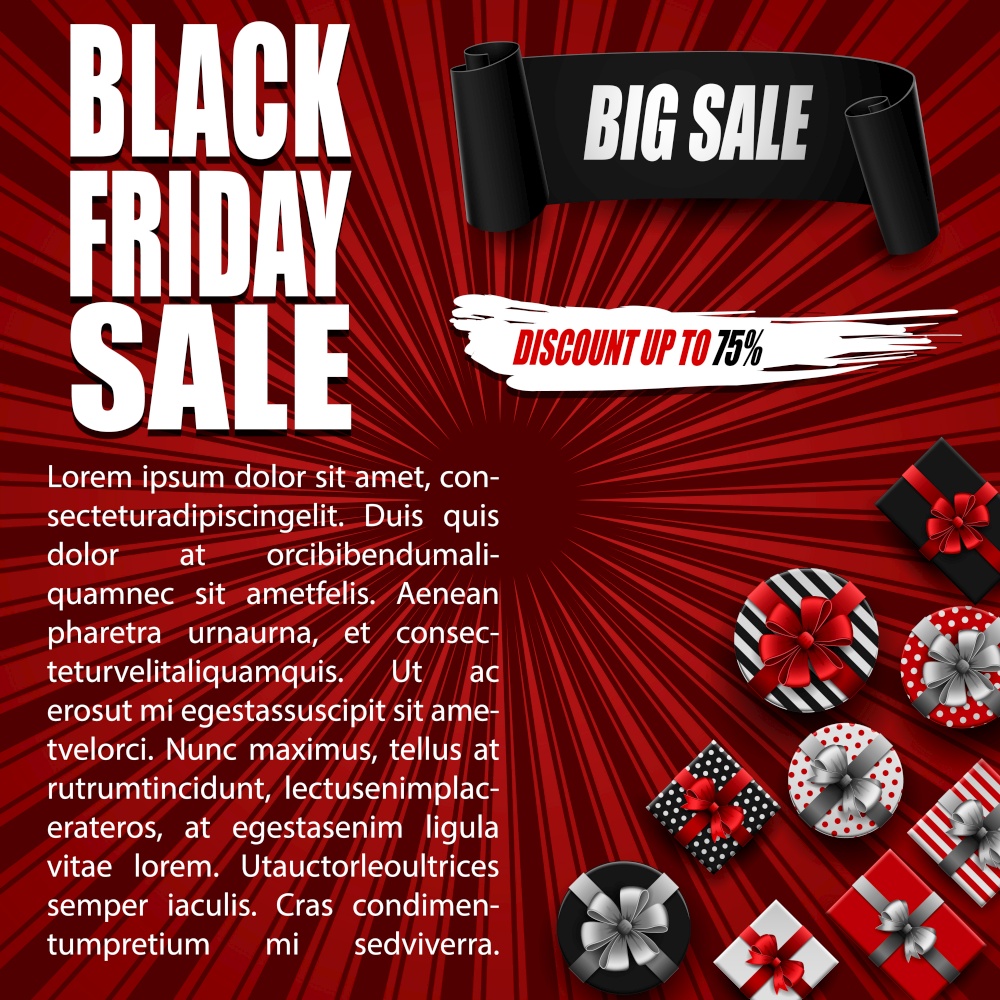 Vector illustration of Black Friday sale banner with gift boxes and black ribbon on red background