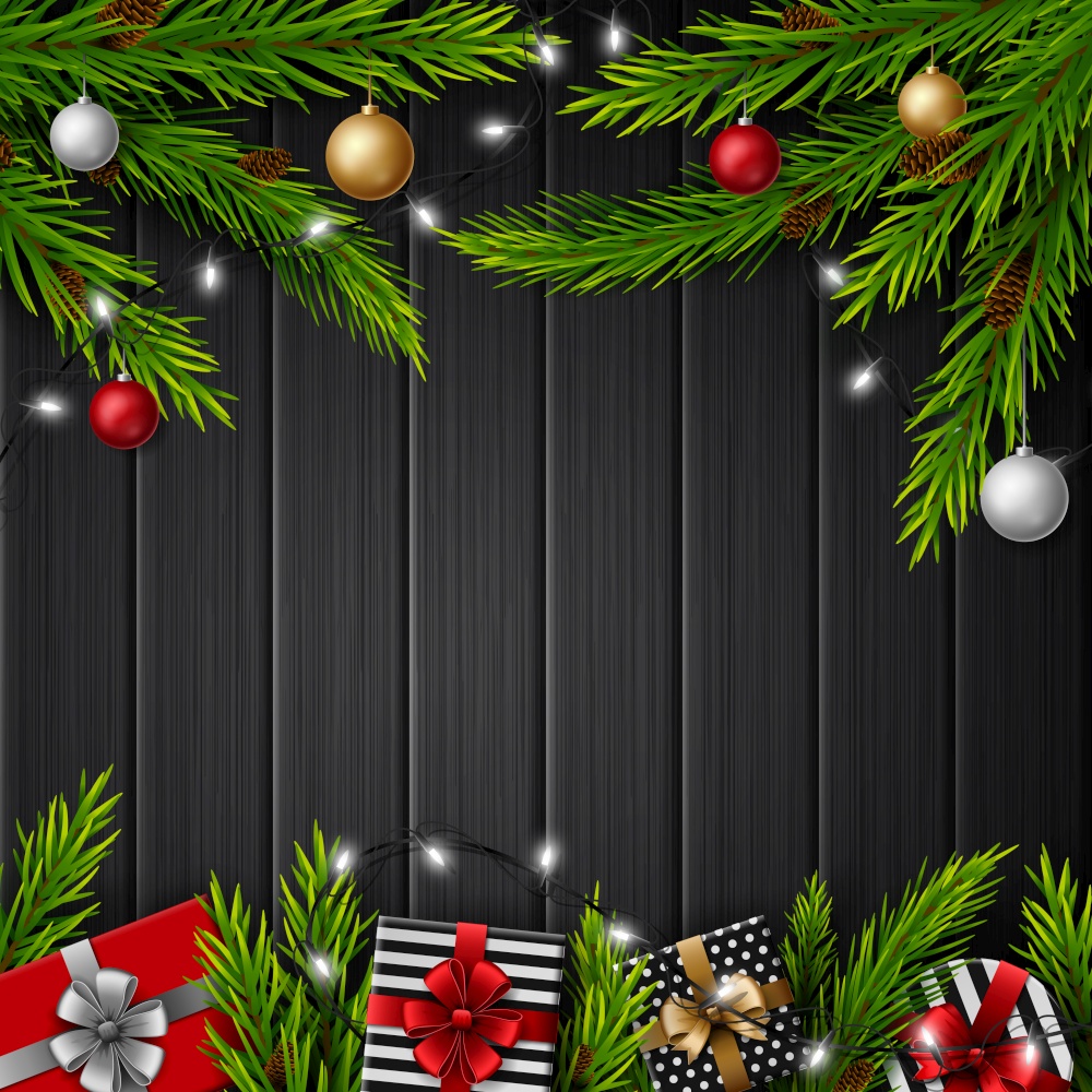 Vector illustration of Christmas gift boxes with christmas balls and fir branches on black wooden background