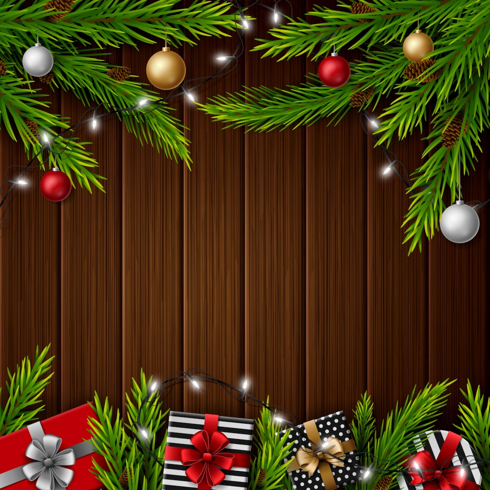 Vector illustration of Christmas gift boxes with christmas balls and fir branches on brown wooden background