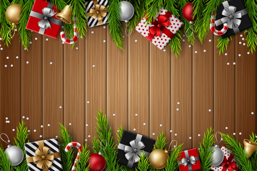 Vector illustration of Christmas bright wooden background with fir branches and elements