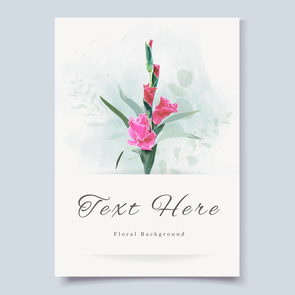 Greeting card template with pink gladiolus flower and watercolor background