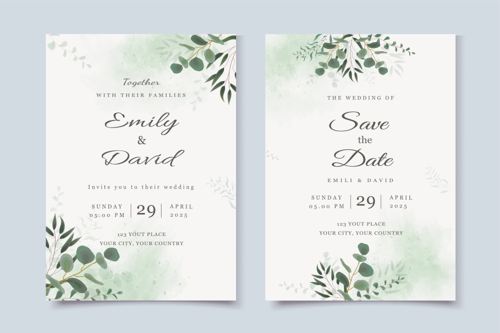 Wedding invitation template with eucalyptus leaves and watercolor background vector illustration